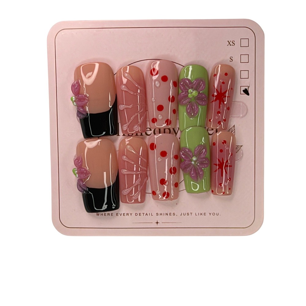 Handmade 3D Floral Press On Nails Pink Green Black Square Gel False Nails L 10pc
